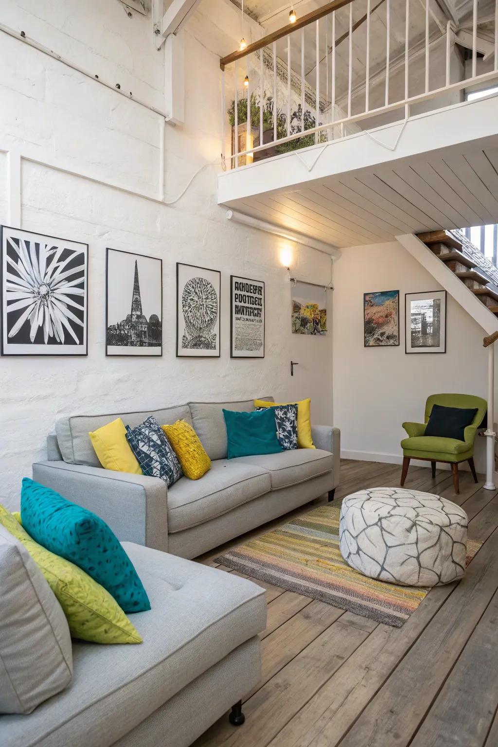 A modern loft balancing neutrality with vibrant accents.