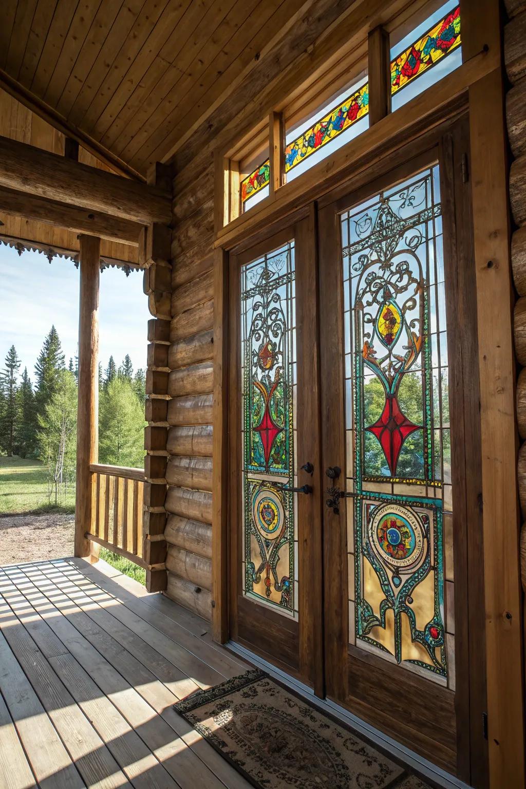 A log cabin doorway featuring colorful tinted glass panes.