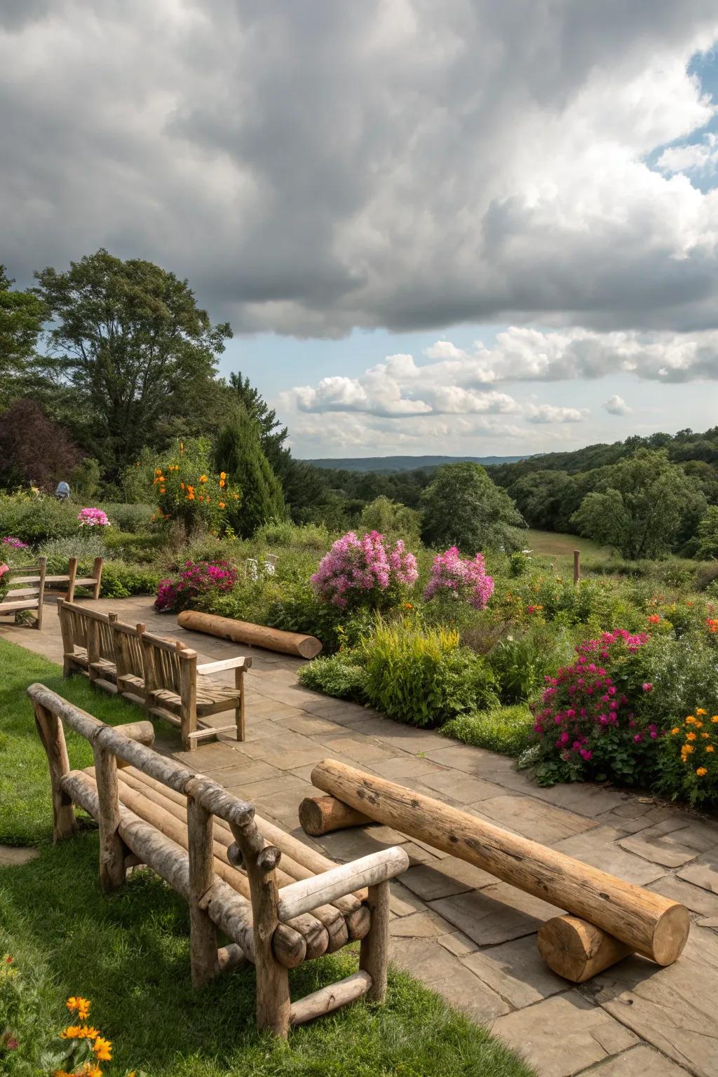 Logs transformed into outdoor furniture for a garden.
