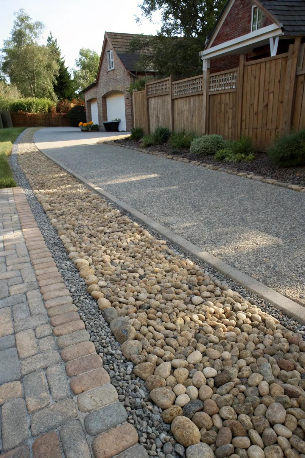 A mixture of textures adds depth and intrigue to this driveway.