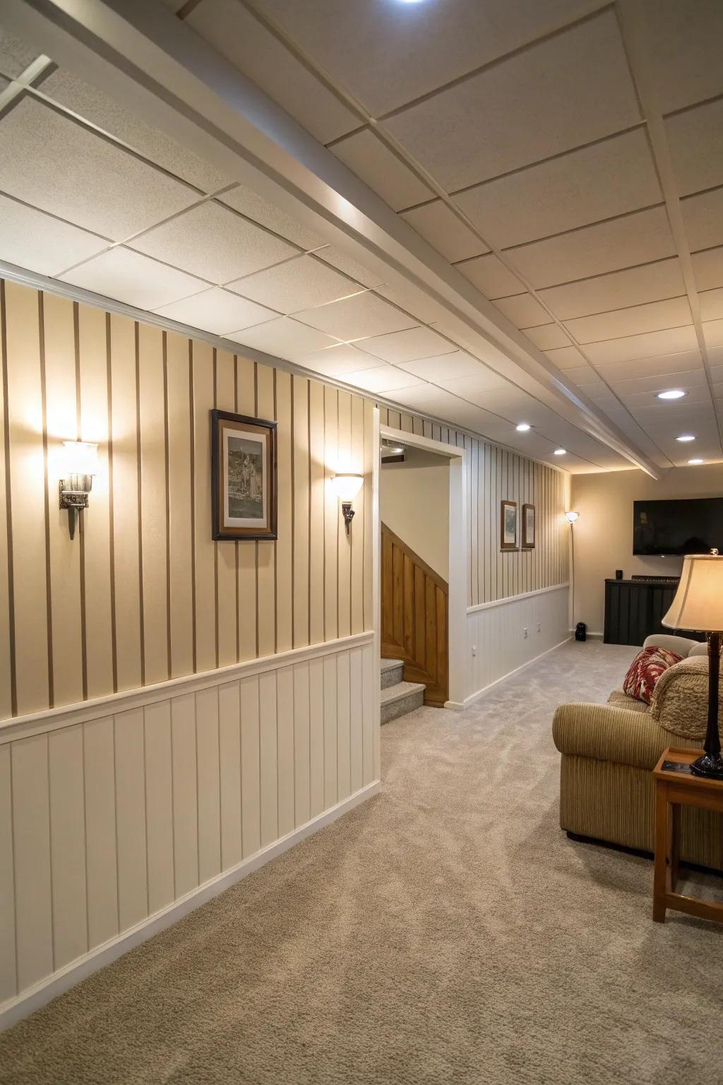 Upright paneling constructs the illusion of taller walls.