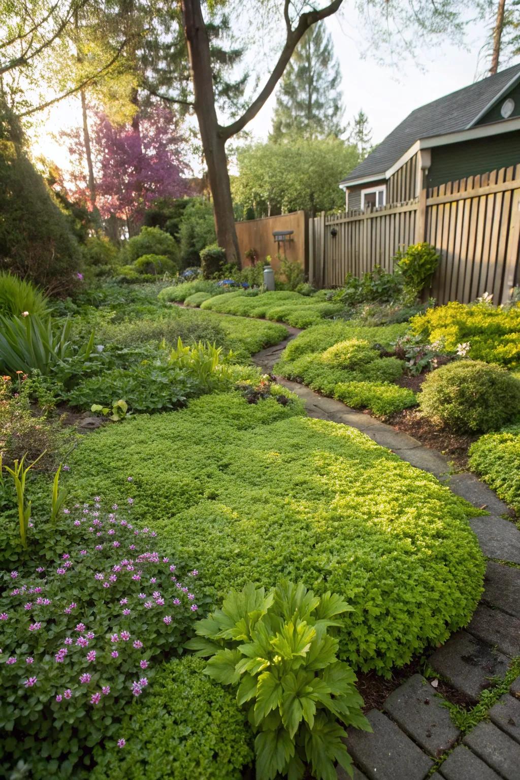 Ground cover plants replace grass for a simple Portland lawn.