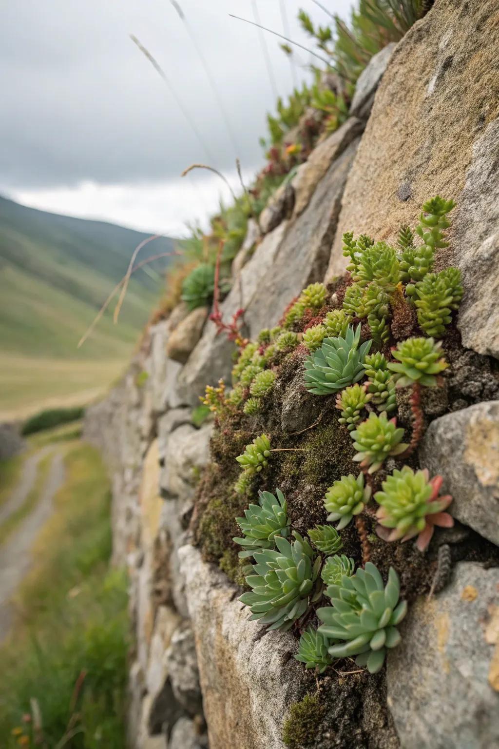 A rock wall serves as a unique succulent planter.