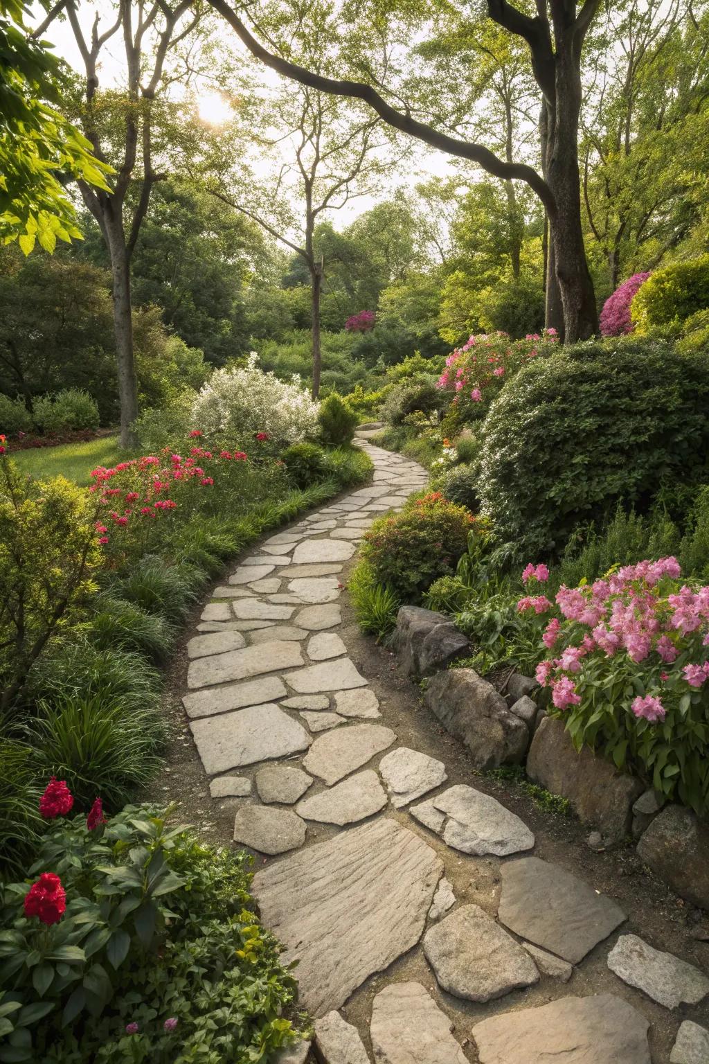 Natural stone pathways add beauty and endurance.