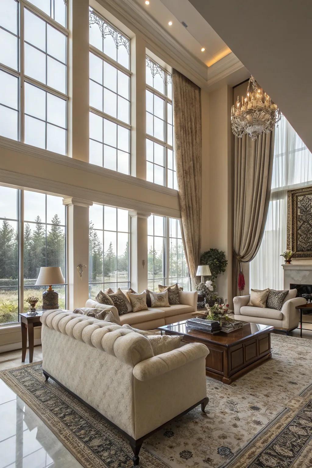 Sunlight floods this lavish living space through expansive windows.