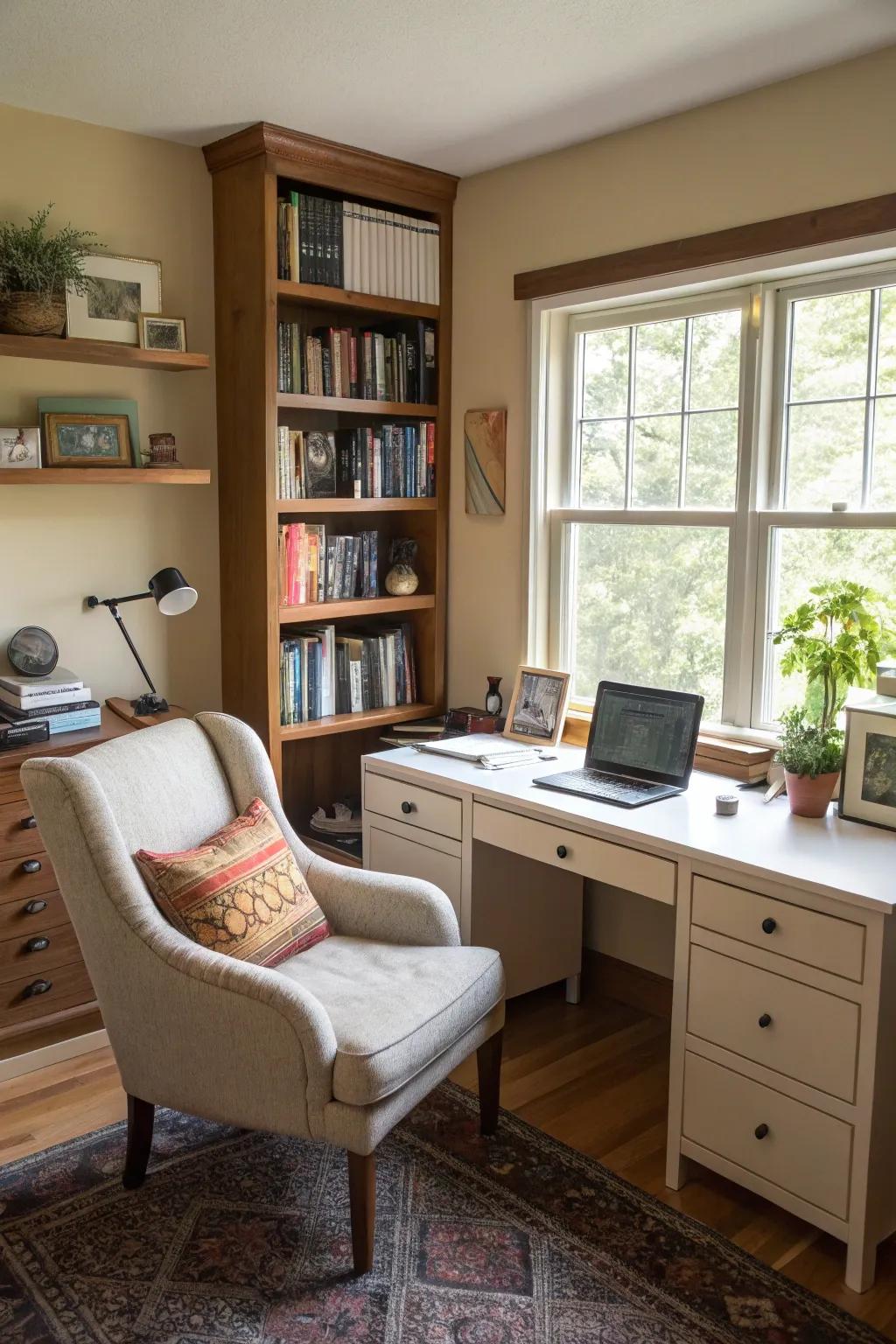 A deluxe home office with a cozy reading spot.