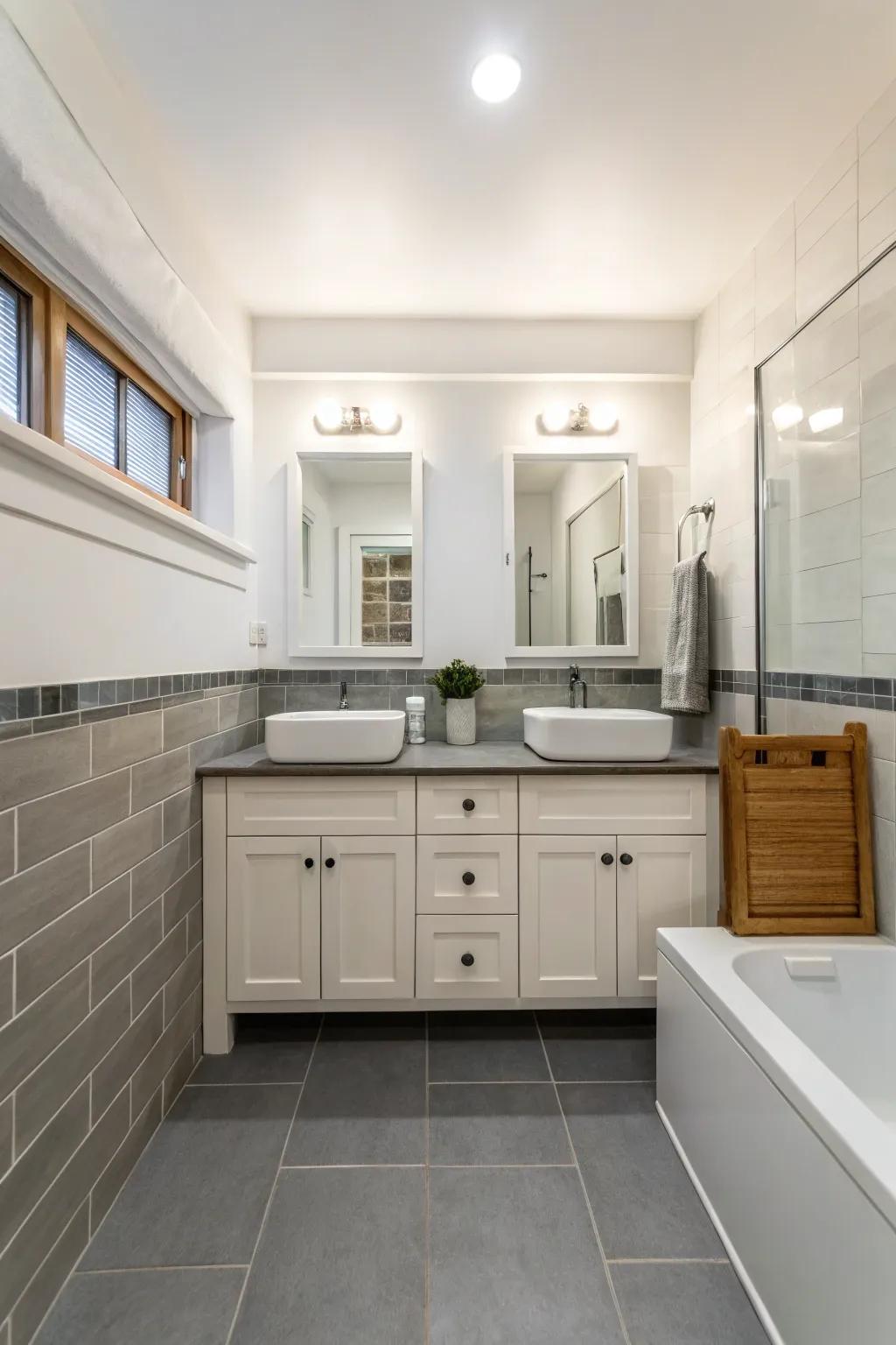 A bathroom featuring a neutral and calming color palette.