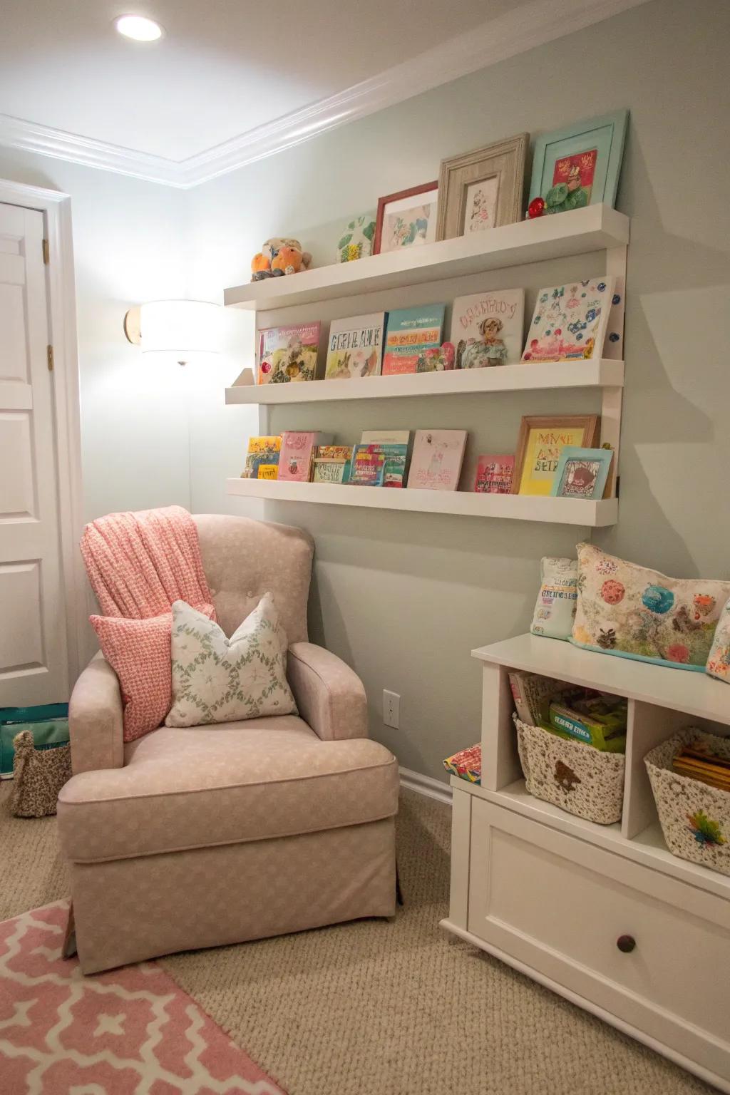 A nursery with shelves built into the wall that add charm and use.
