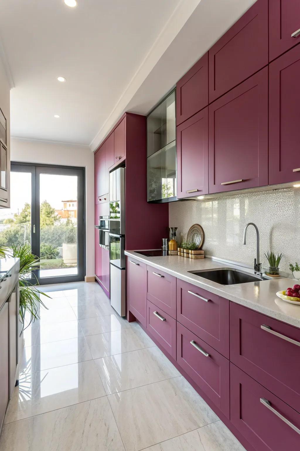 Fuchsia cabinets offer a surprising and delightful twist in this modern cooking area.