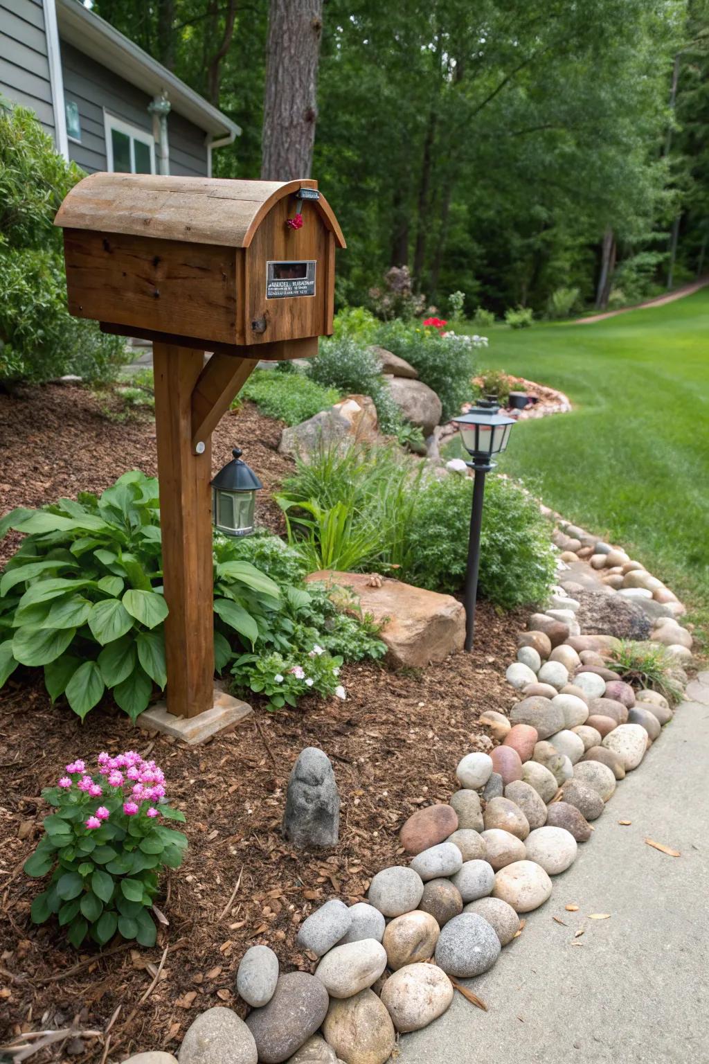Ground cover and stone features establish a practical and appealing mailbox environment.