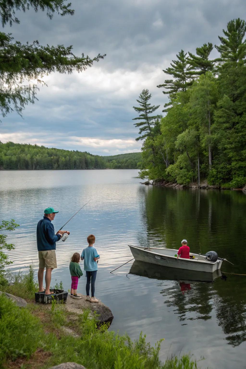 A calm family fishing outing on a Maine lake.