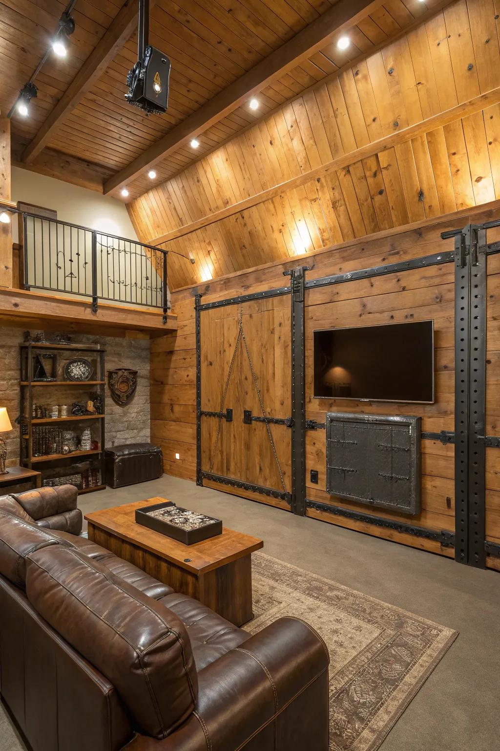 The combination of wooden and metallic textures contributes distinctiveness to this man cave.