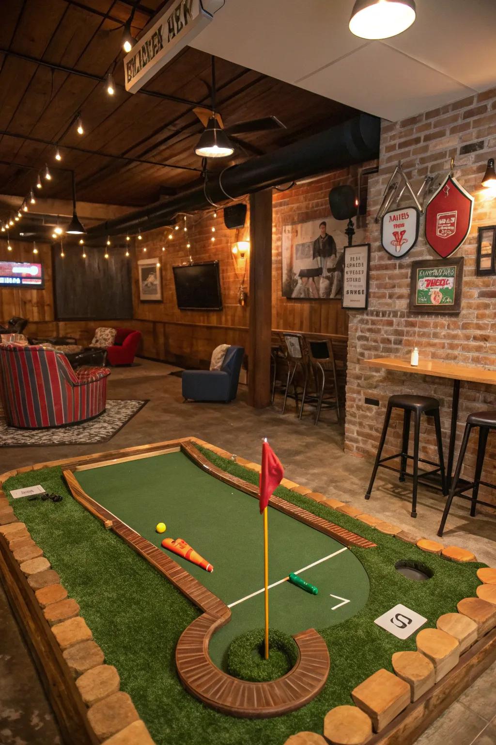 A playful miniature golf layout inside a man cave.