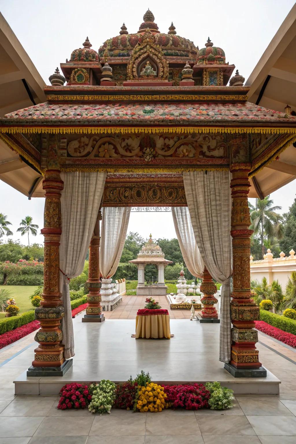 A shrine-style mandap extends spiritual magnificence by means of ornate specifics.