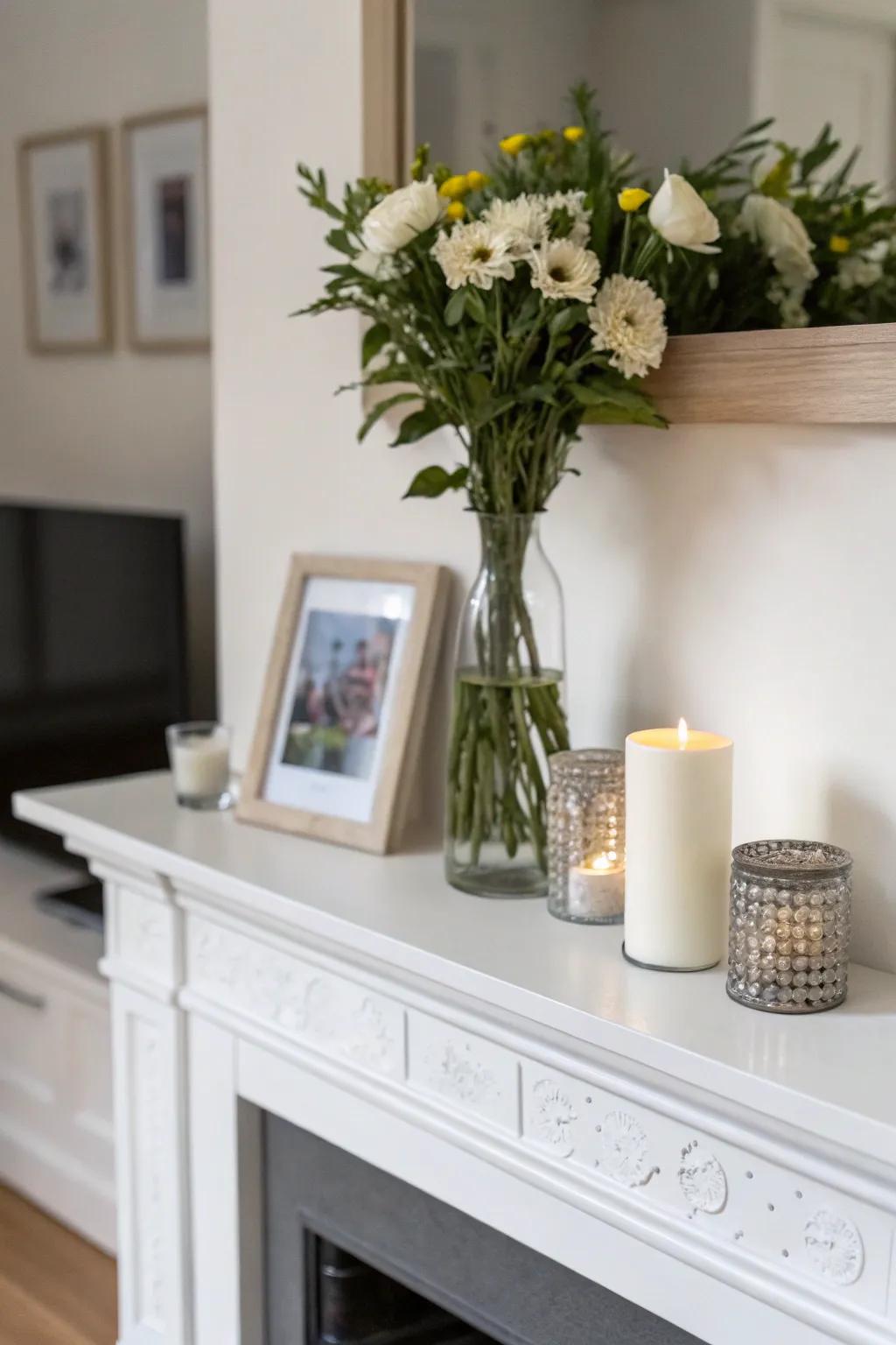 Minimalist mantel decor.