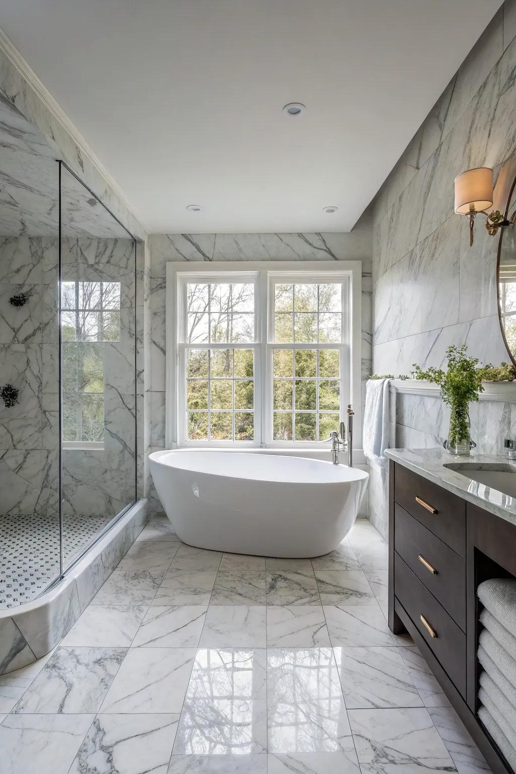Combine a freestanding tub with marble tiles for a spa-like retreat.