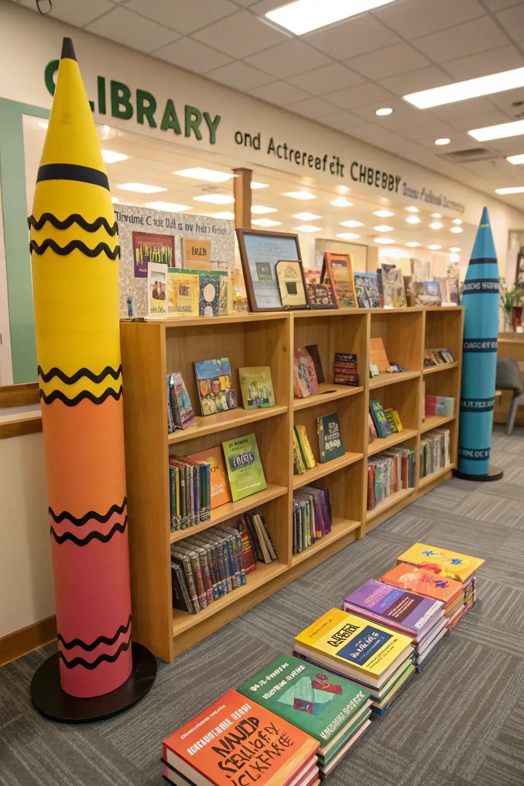 A vibrant National Crayon Day display filled with colorful books and crayons.