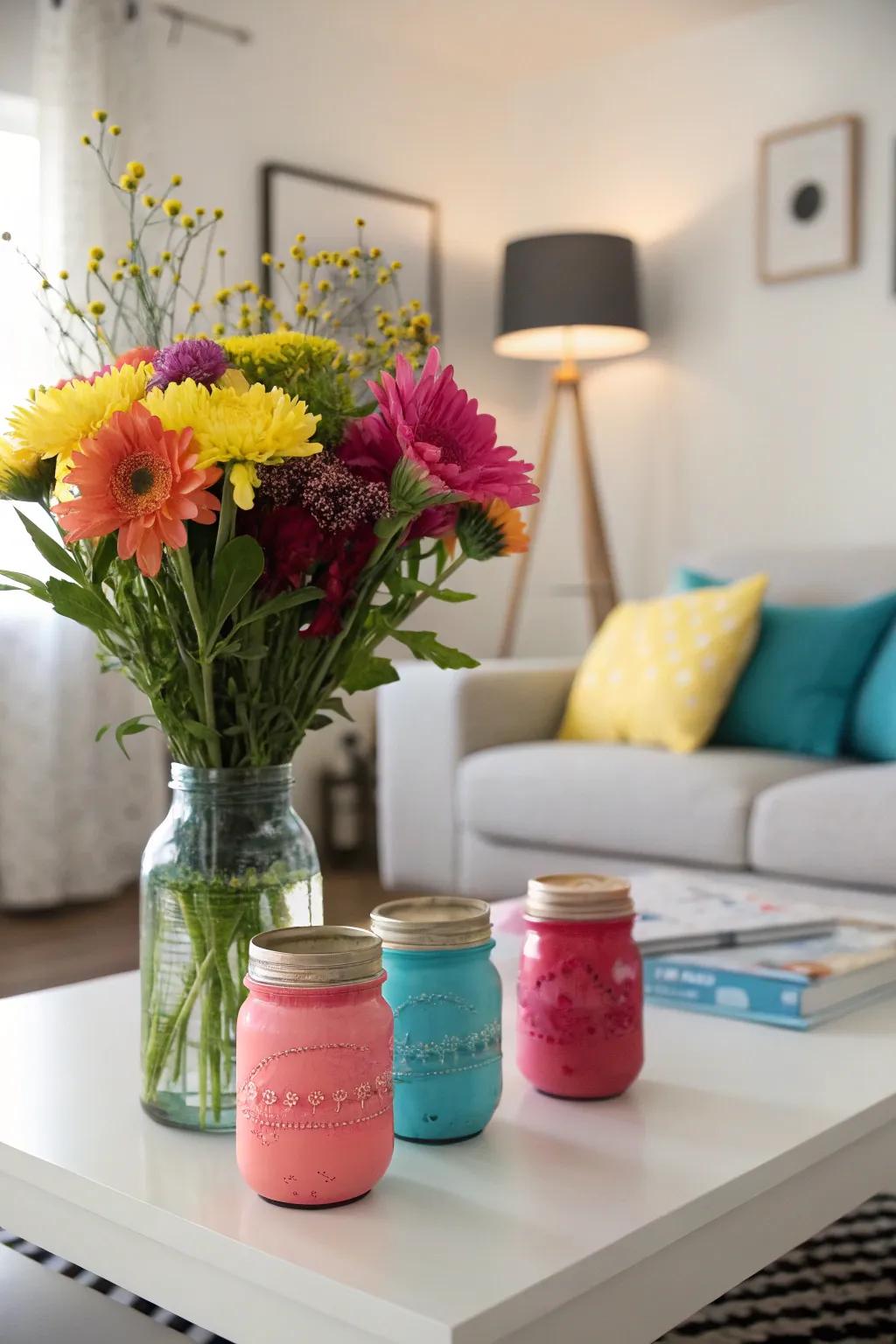 Vibrantly painted preserving-style jars doubling as stylish flower holders.