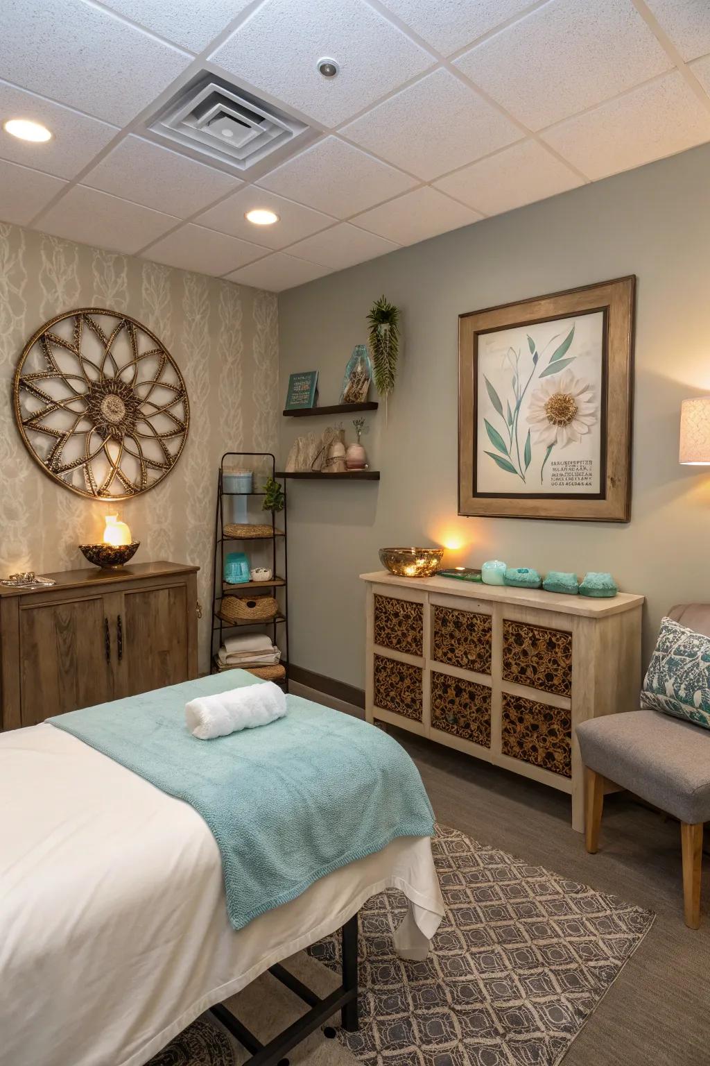 A massage room with unique and personal decor elements.