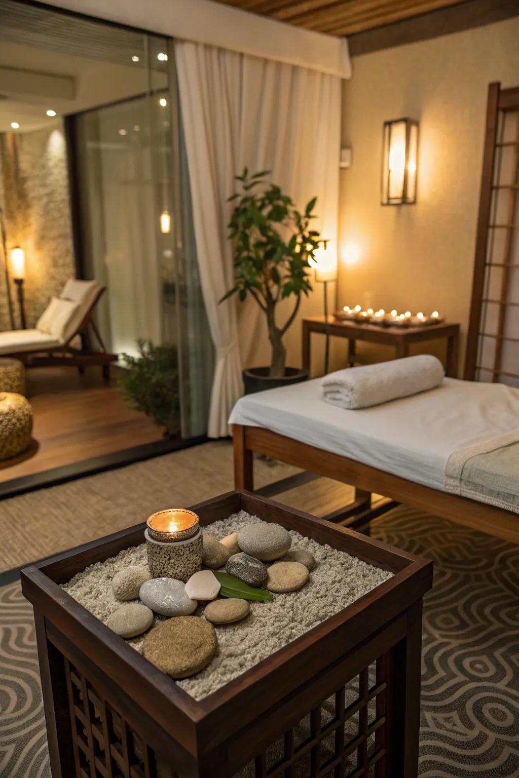 A zen garden appends a meditative touch to the room.