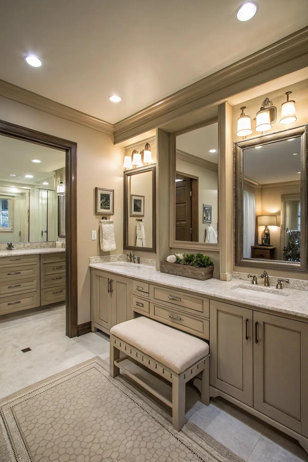 This bathing area features a convenient dressing zone, ideal for a leisurely beginning to the day.