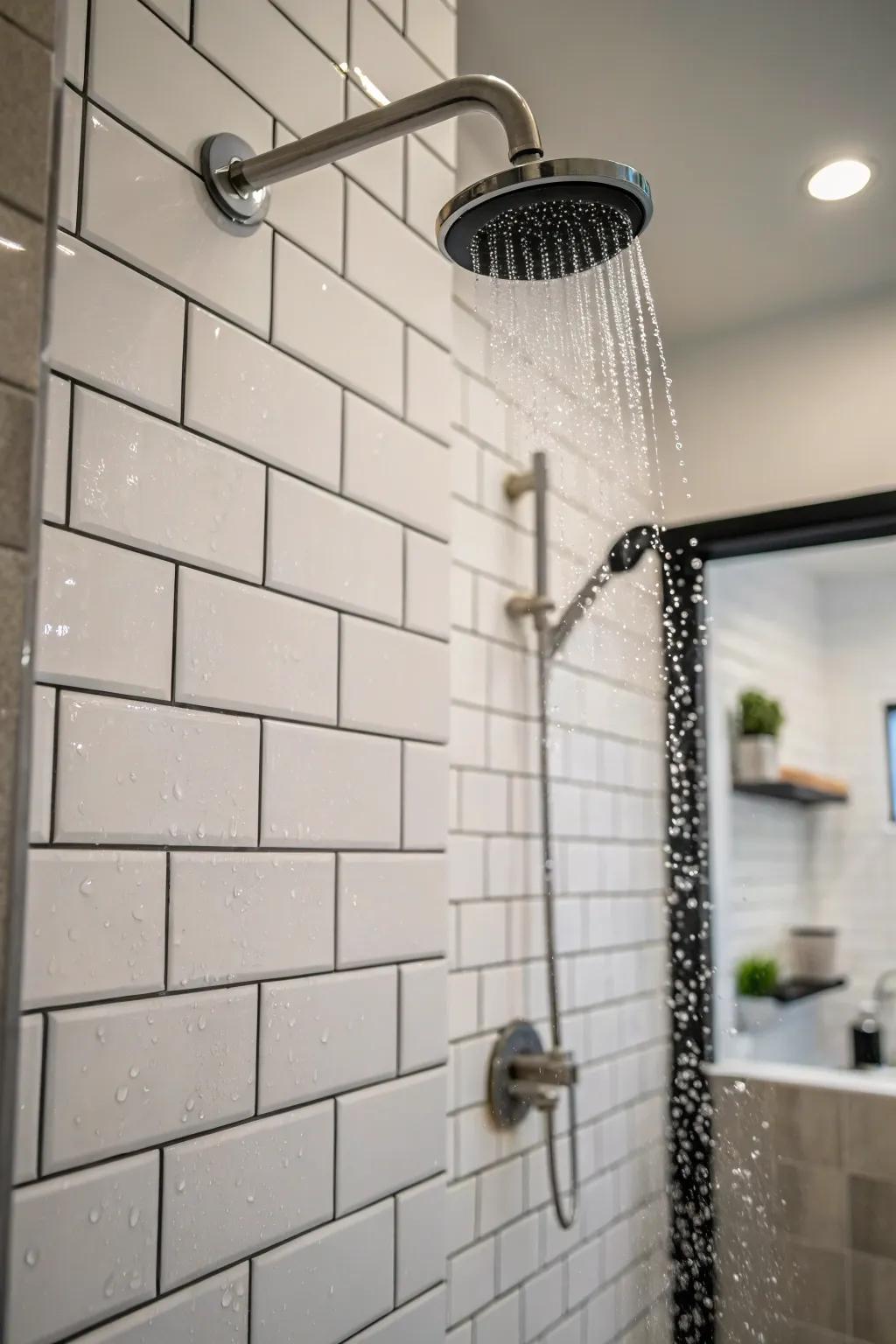 A shower showcasing minimalist rectangular tiles, offering ageless elegance.