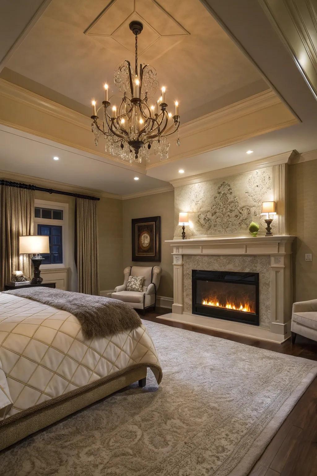 Extravagant elements such as a chandelier improve the grandeur of this main bedroom.