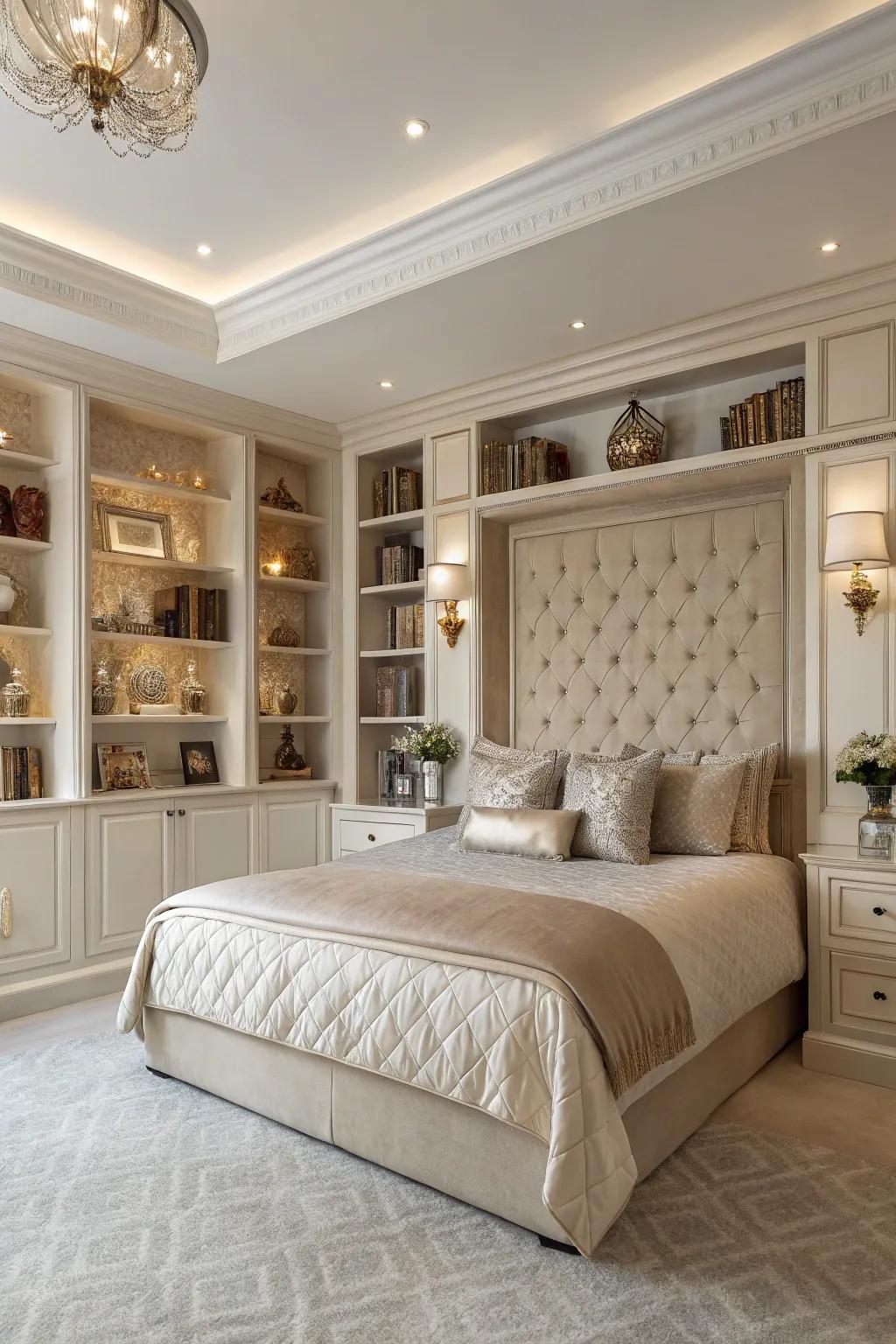 Built-in shelving presents a fashionable and functional solution for your headboard arrangement.