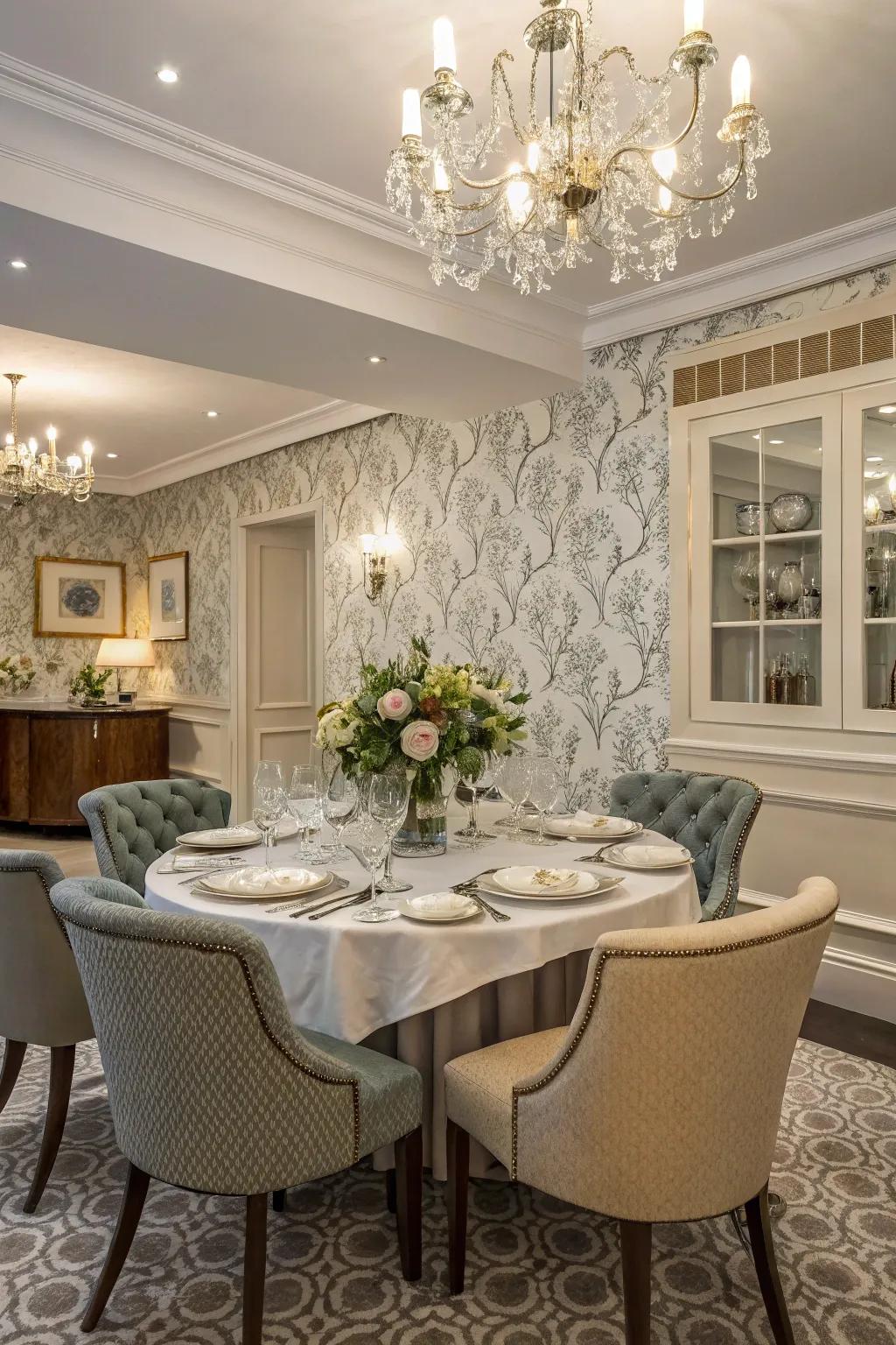 Assorted design wallpaper introduces depth and texture to a dining area.