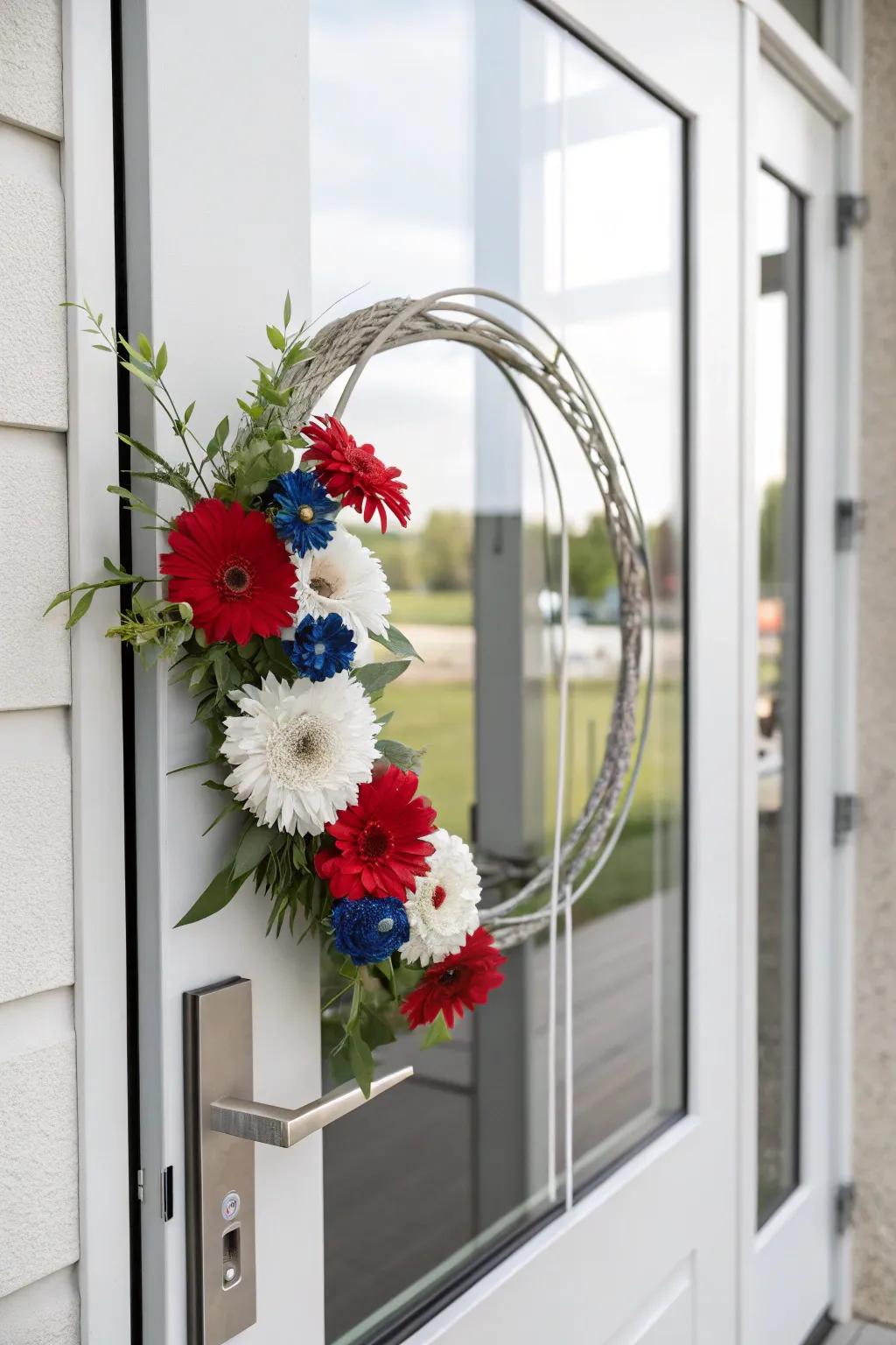 A sleek and modern minimalist wreath with a few blossoms.