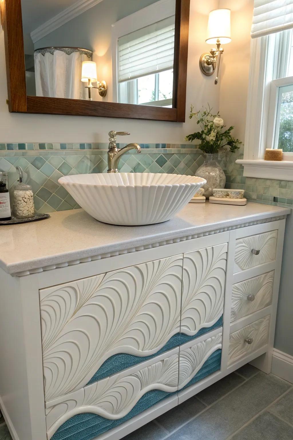 A shell-inspired sink contributes a distinct charm to the bathing area.