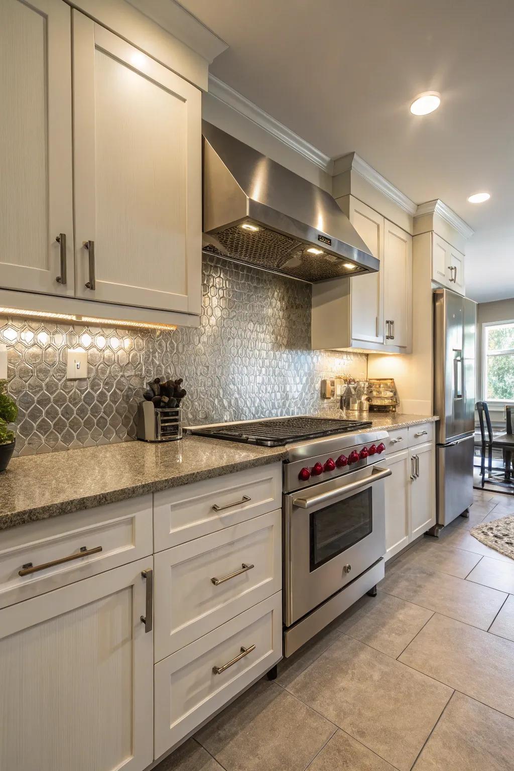 A practical kitchen featuring an easy-to-clean metallic backsplash.