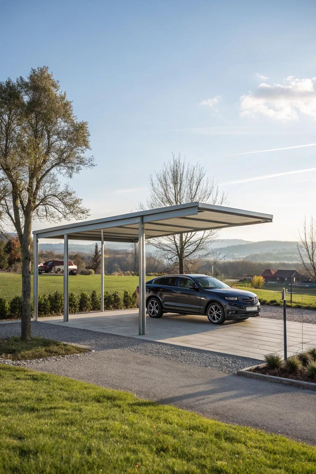 A freestanding carport stands independently, offering versatile placement options.