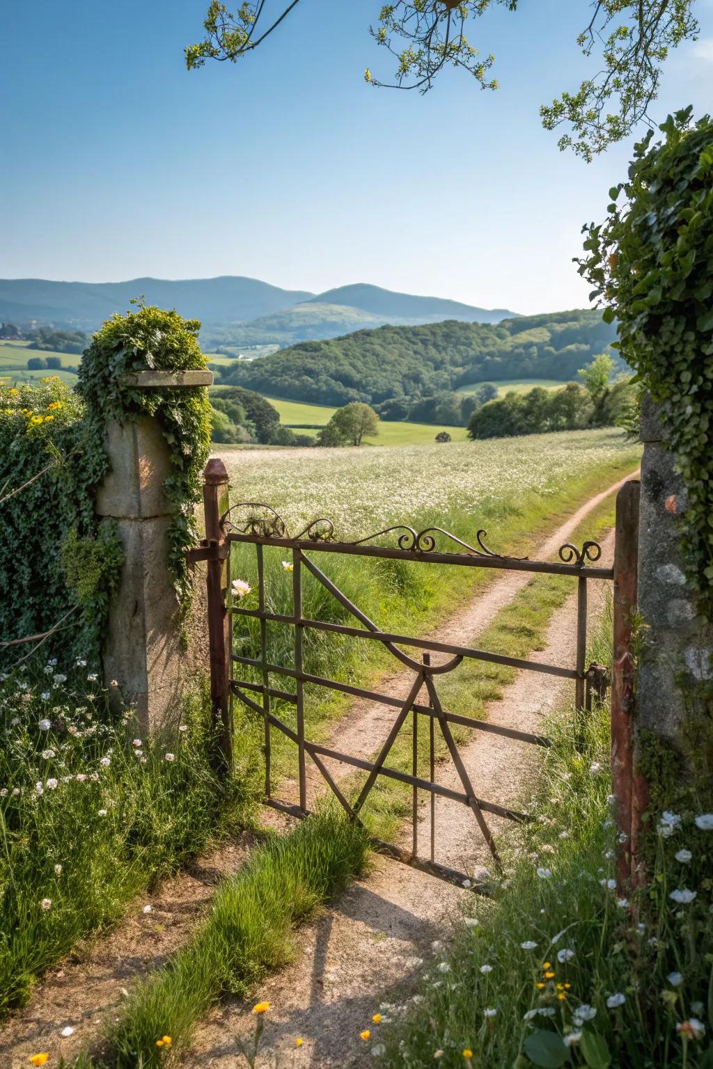 A rustic metal gate that brings a sense of nostalgia and charm.