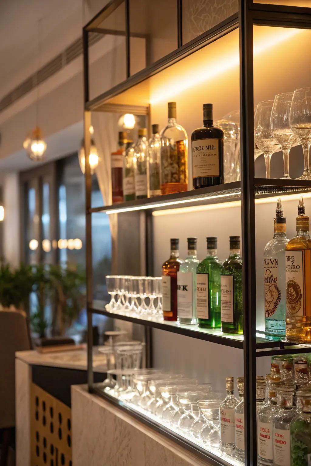 Exposed shelf lighting transforms bottles into artistic features.