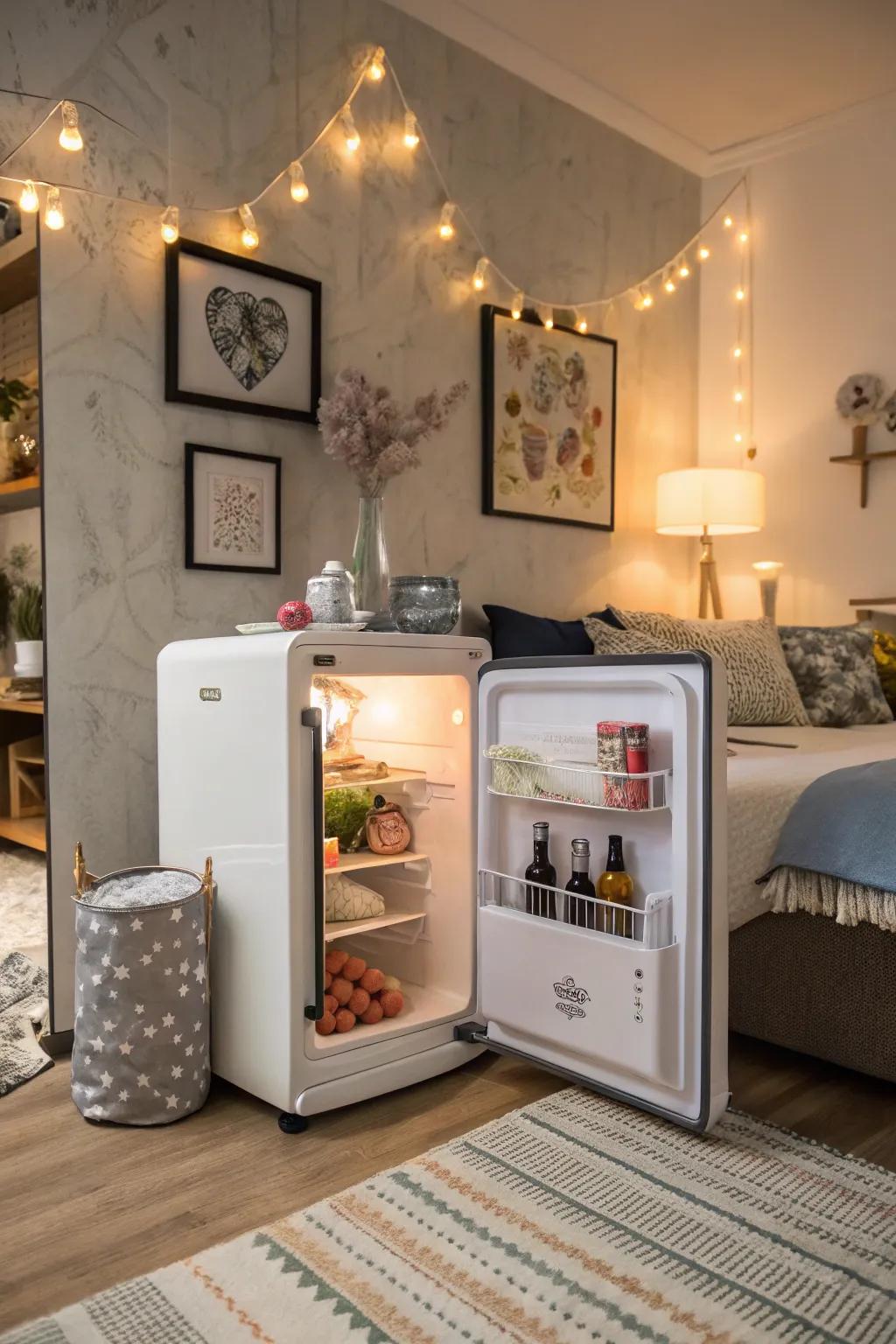 A small refrigerator seamlessly integrated within a themed bedroom.