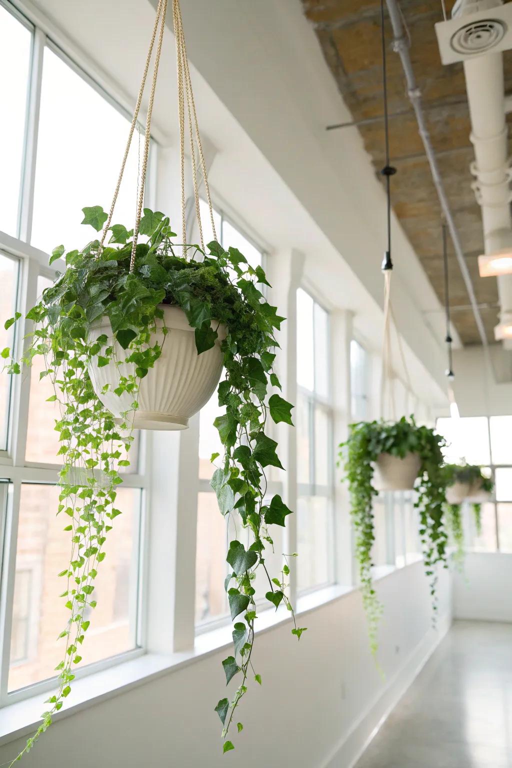 Refined suspended containers featuring cascading ivy within a contemporary studio ambiance.
