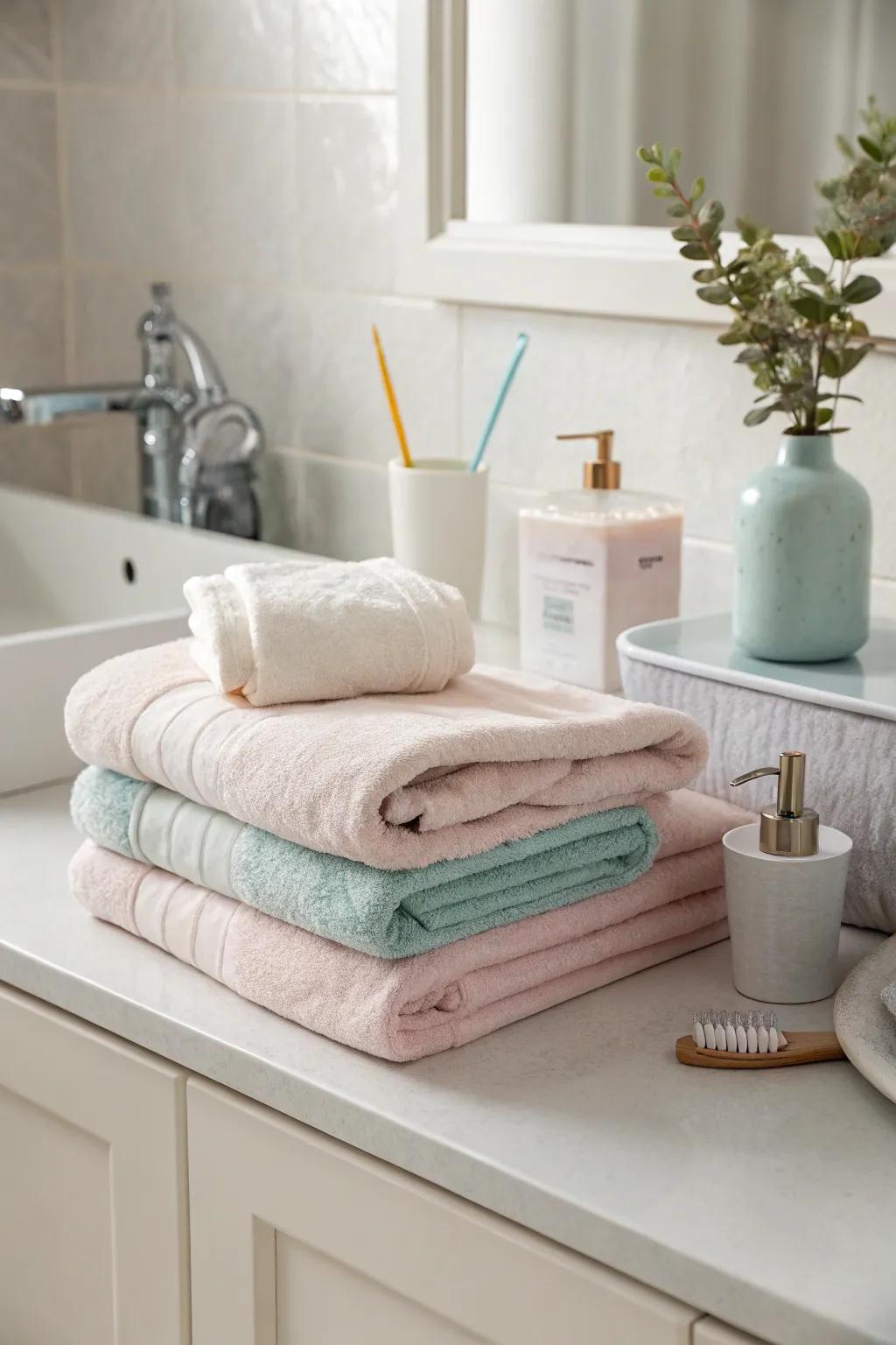 A stroke of pastel conveys a joyous element to the bathroom.