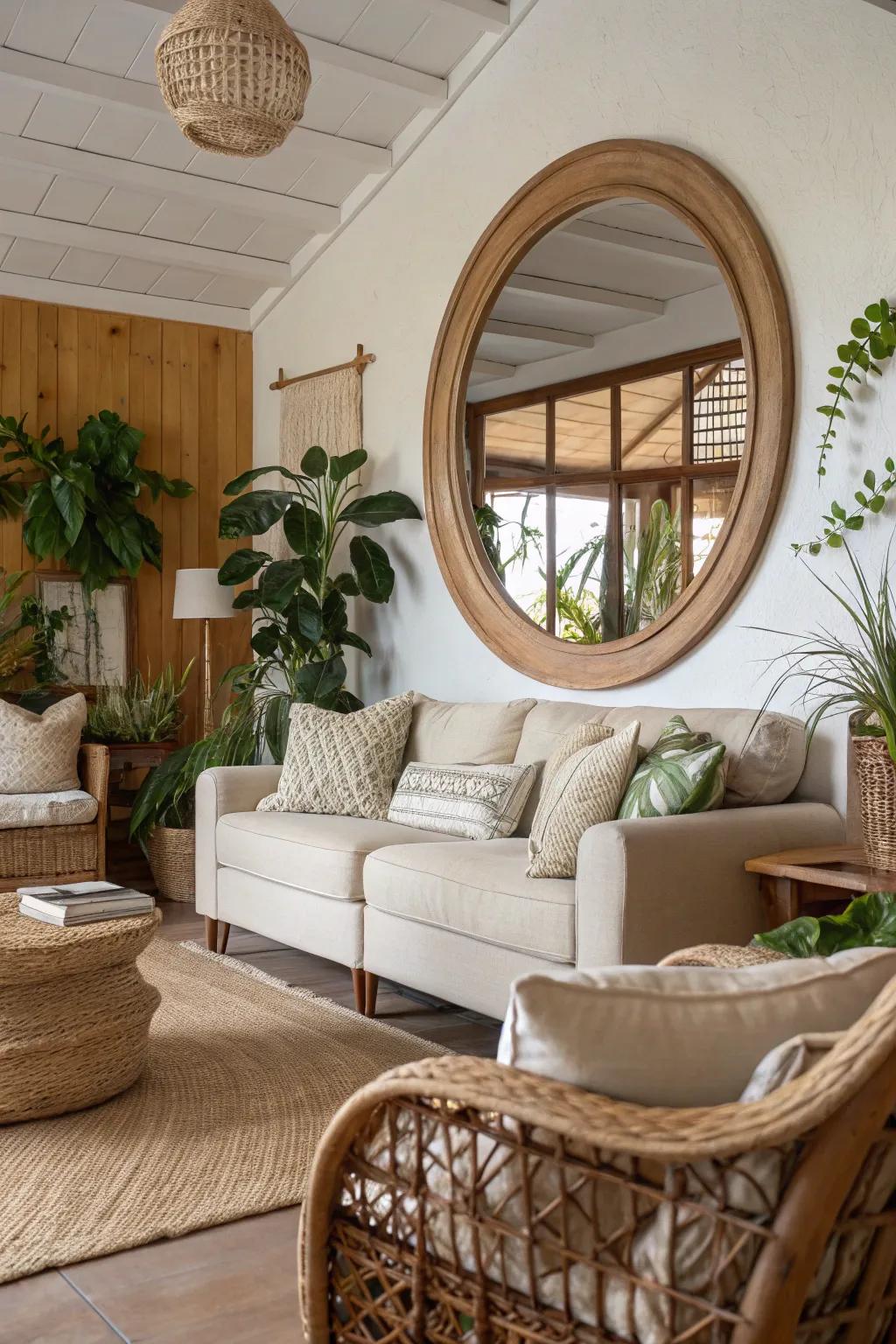Organic-shaped mirrors soften and harmonize the area.