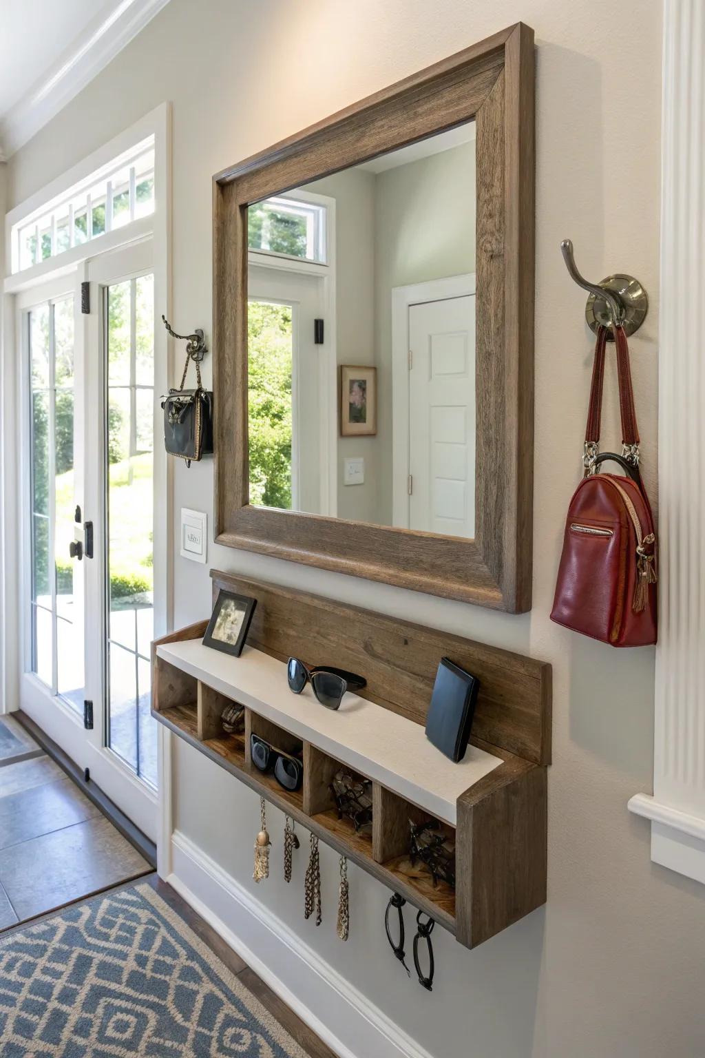 A handy entryway mirror that has a key holder for quick access.