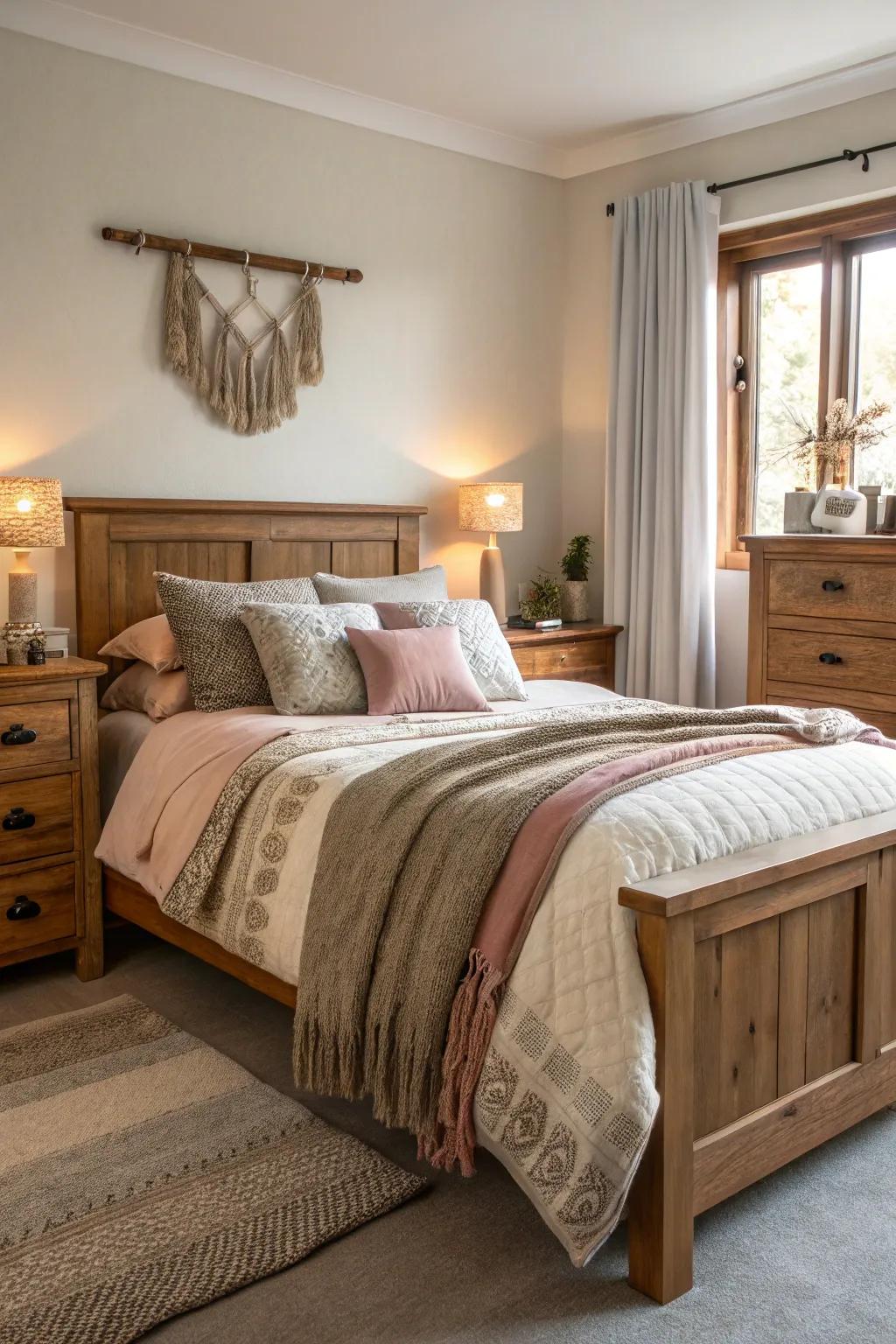 Layered bedding enriches warmth and snugness.