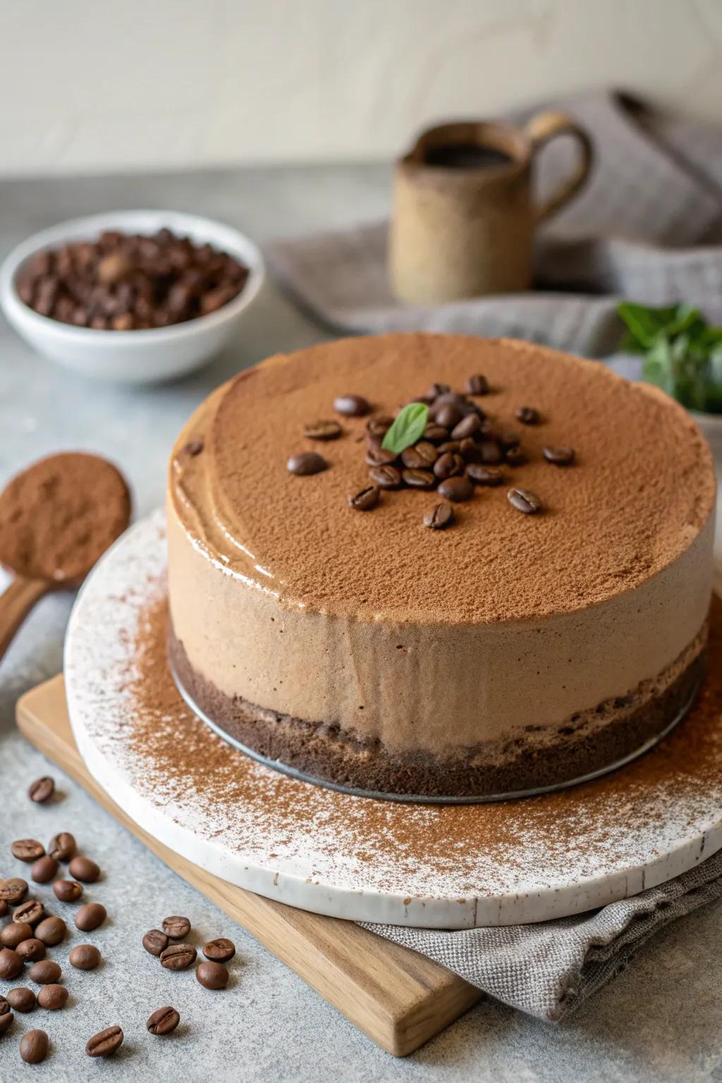 Espresso powder showering introduces aroma and essence to a mocha cake.