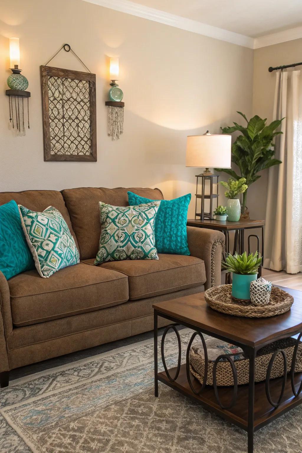 A burst of color contributes thrill to the chocolate-brown sofa arrangement.