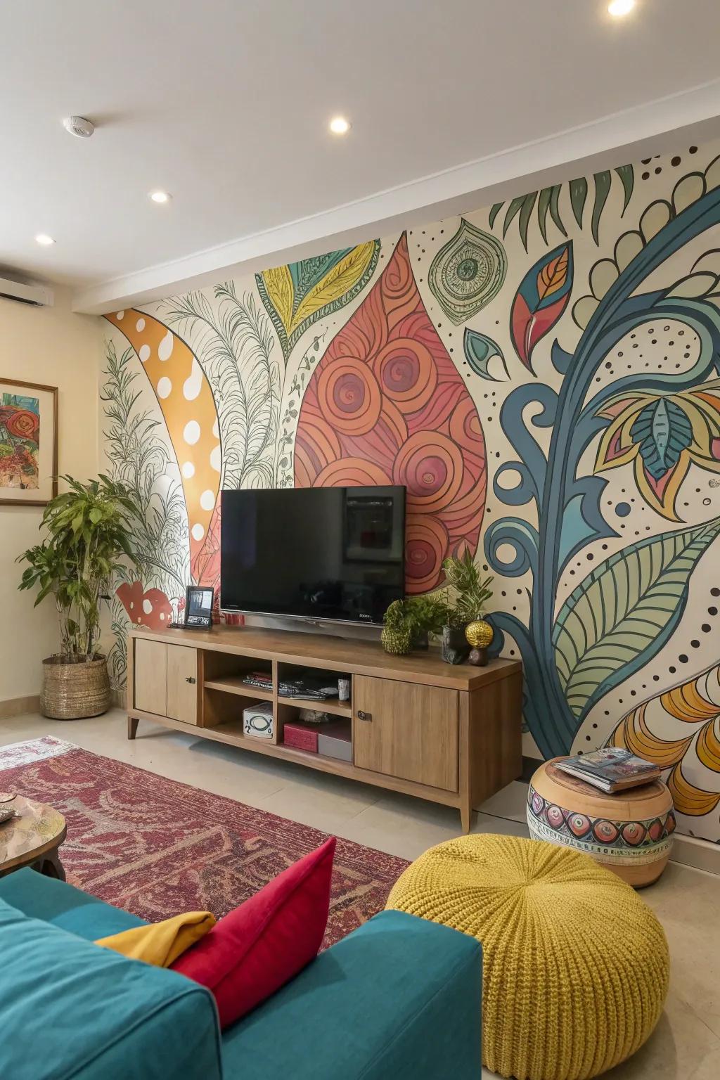 Inventive wall art transforms the TV wall into a focal point.