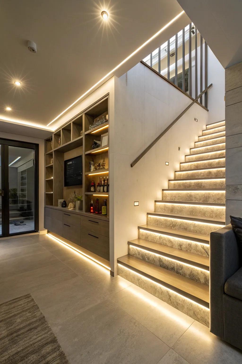 LED strip lighting gives a subtle glow, accentuating architectural details.