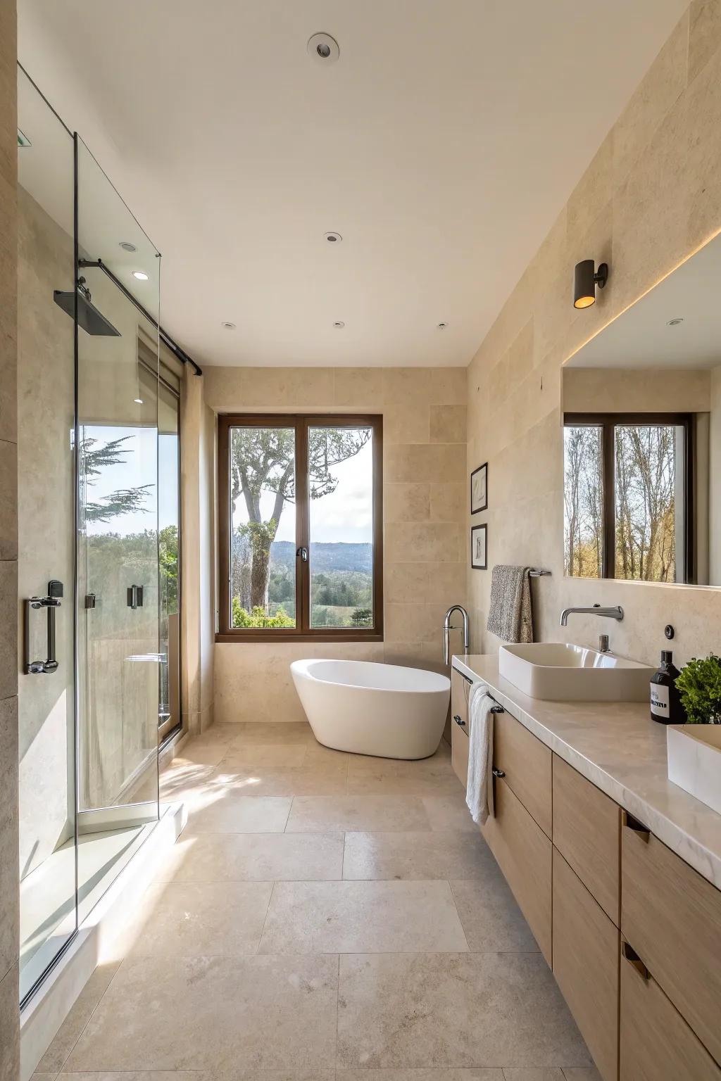 Open designs enhance the contemporary appeal of beige bathrooms.