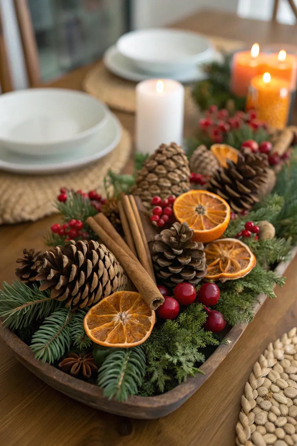 A rustic centerpiece employing cones and dehydrated fruits for Christmas.