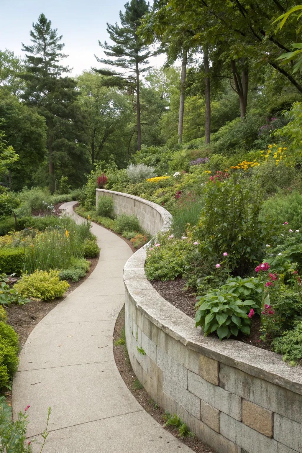 Curved concrete wall providing a gentle and welcoming garden aesthetic.