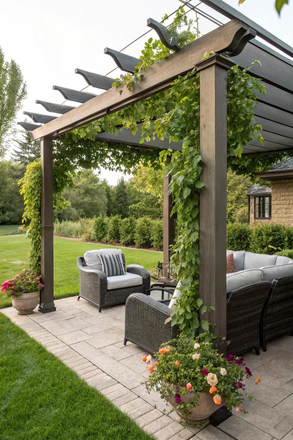 A shade structure offers stylish shade and architectural interest.