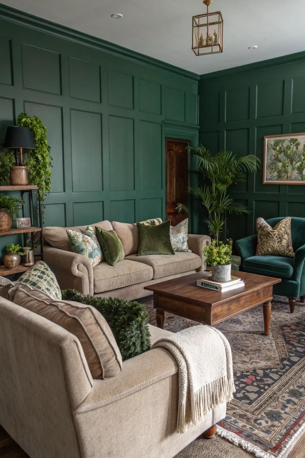 Cozy seating arrangements make a deep green living room welcoming.